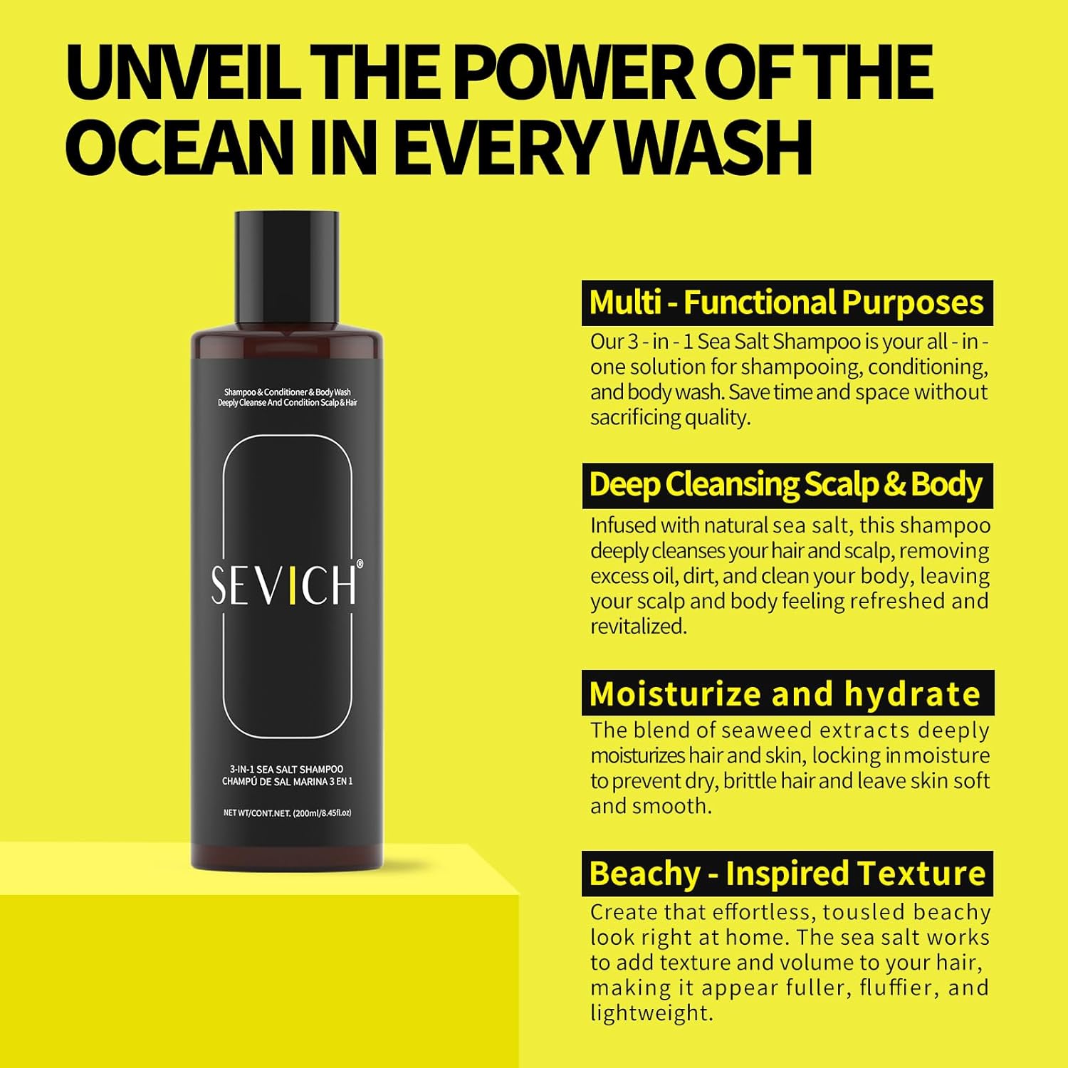 SEVICH 3-in-1 Sea Salt Shampoo, Conditioner & Body Wash (200ml)