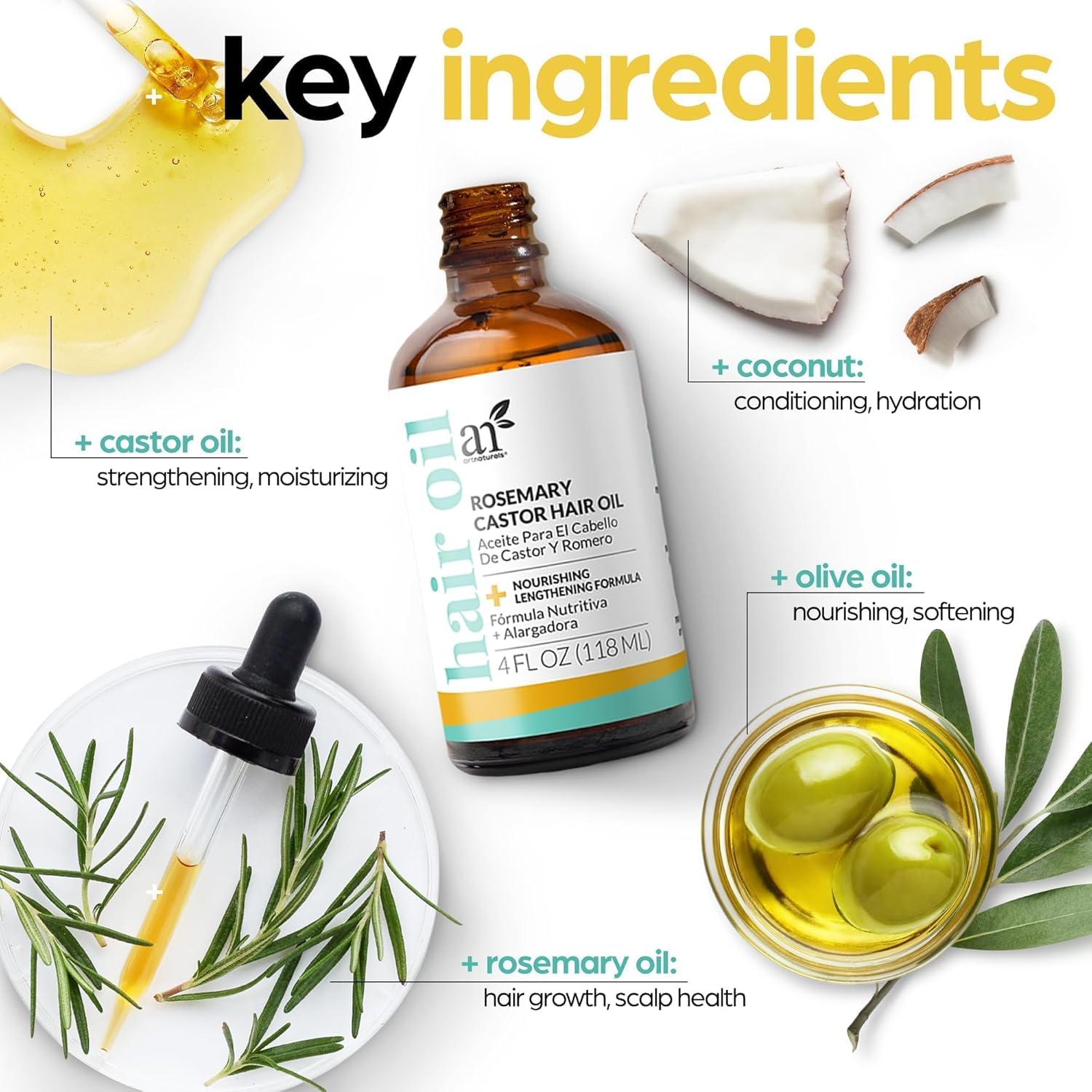 ArtNaturals Rosemary & Castor Hair Oil + Scalp Massager (4 oz)